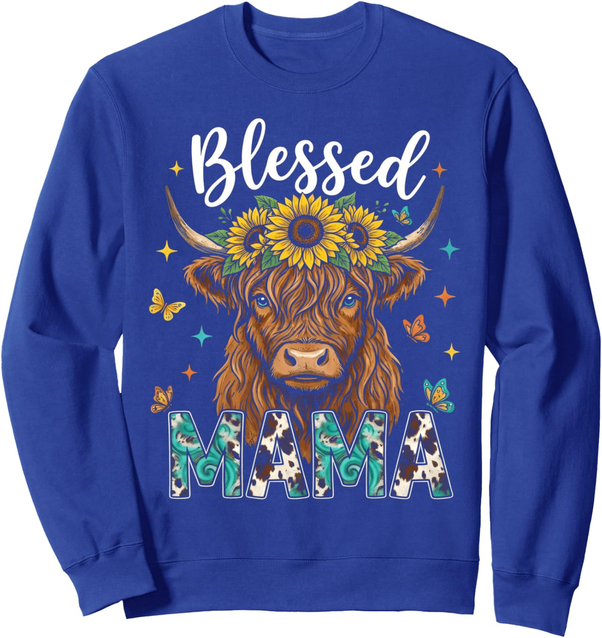 Mothers Day Blessed Mama Highland Cow Sunflowers Country Mom Sweatshirt - Adult Unisex Royal Blue