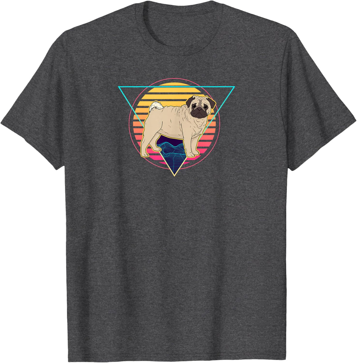 Retro Futuristic Synthwave Dog Pug Aesthetic T-Shirt - Dark Heather Grey
