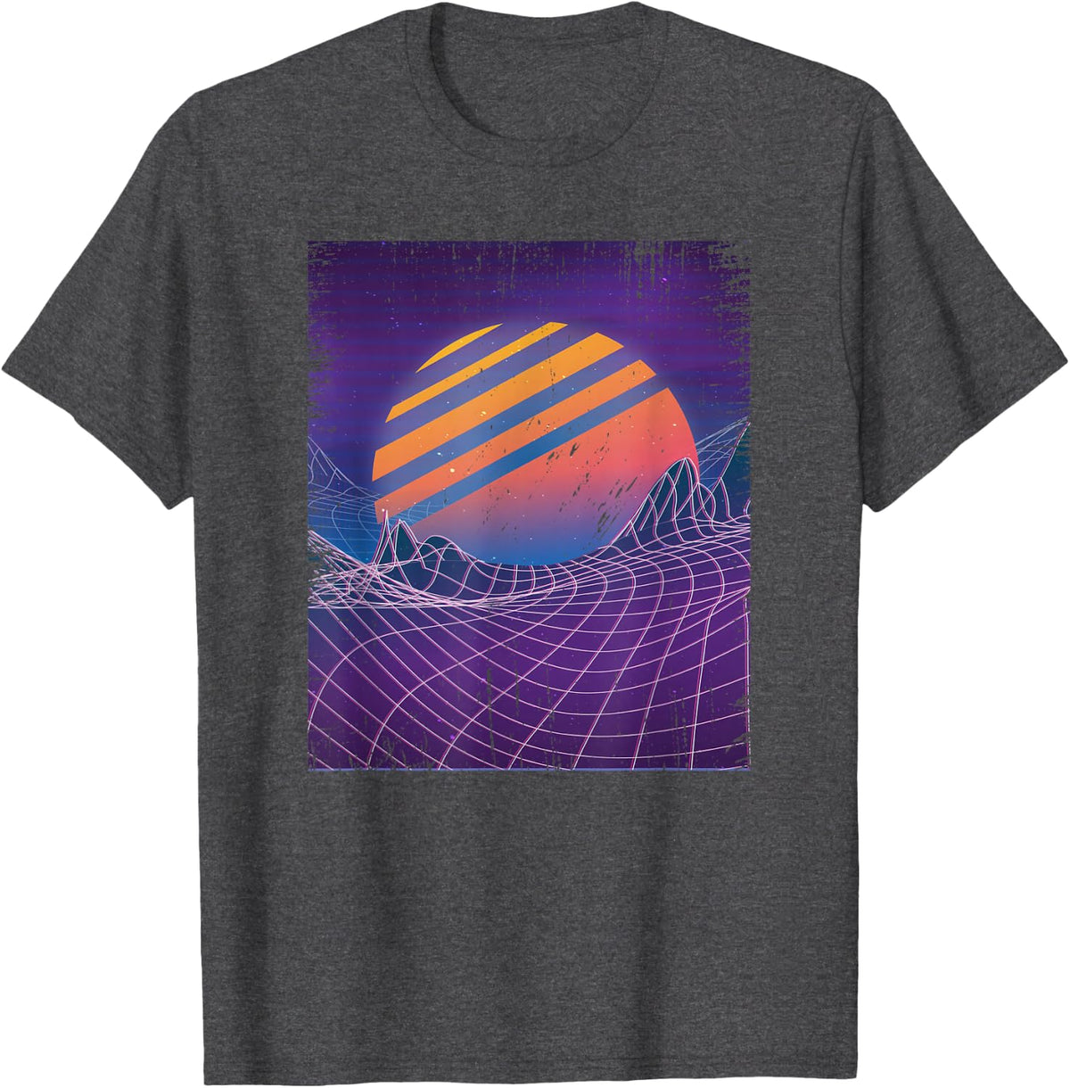 Vaporwave 80s Grid Sunset Synthwave Aesthetics Outrun T-Shirt - Dark Heather Grey
