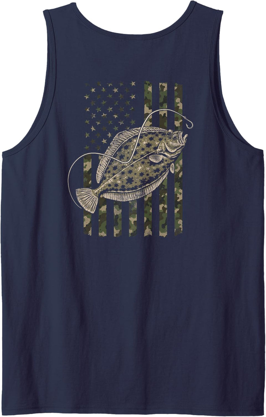 Flounder Fishing Distressed Camo Flag (Design on Back) Sleeveless Tank Top - Navy Blue