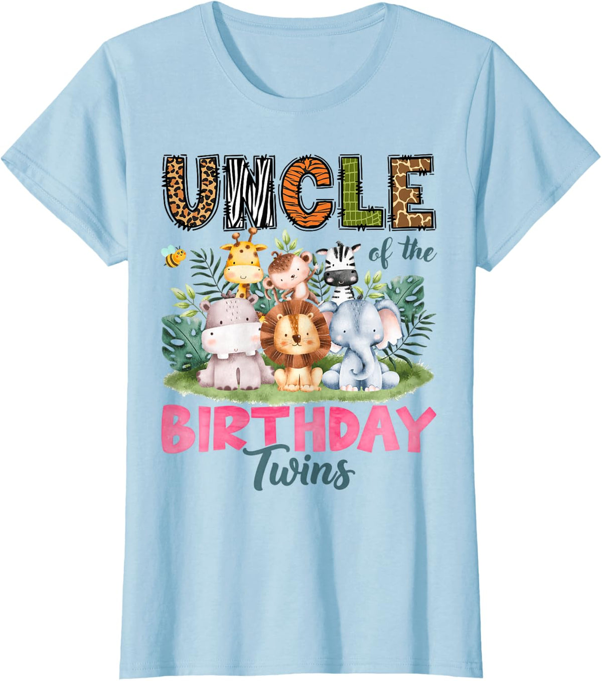 Uncle of The Birthday Twins Safari Jungle Animals Lover T-Shirt - Baby Blue