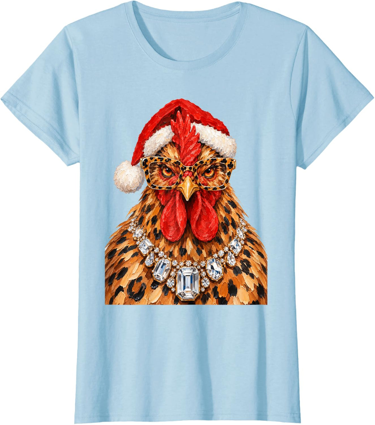 Leopard Chicken Santa Hat Christmas Sassy Farmer Animal T-Shirt - Baby Blue