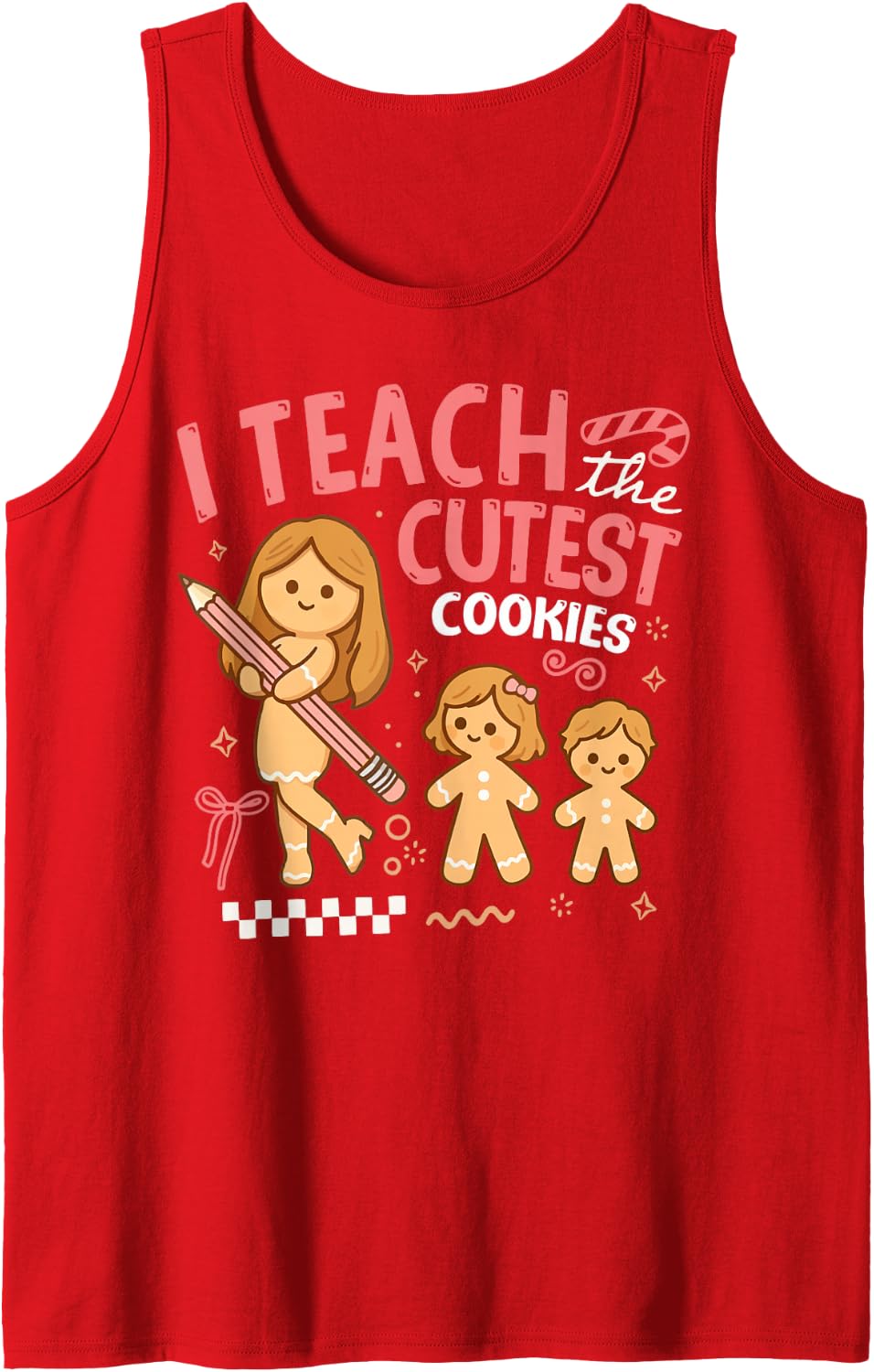 I Teach Cutest Cookies Teacher Christmas Gingerbread Groovy Sleeveless Tank Top - Red