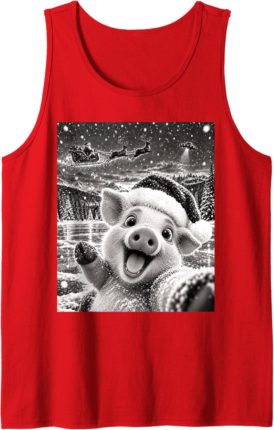 Pig Selfie with Santa Funny Christmas Men Women Kids Sleeveless Tank Top - Red