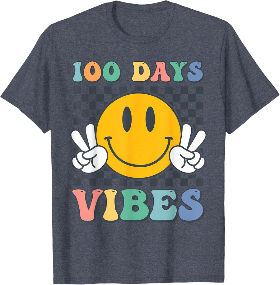 Groovy 100th Day Of School 100 Days Vibes Teacher Kids T-Shirt - Heather Blue