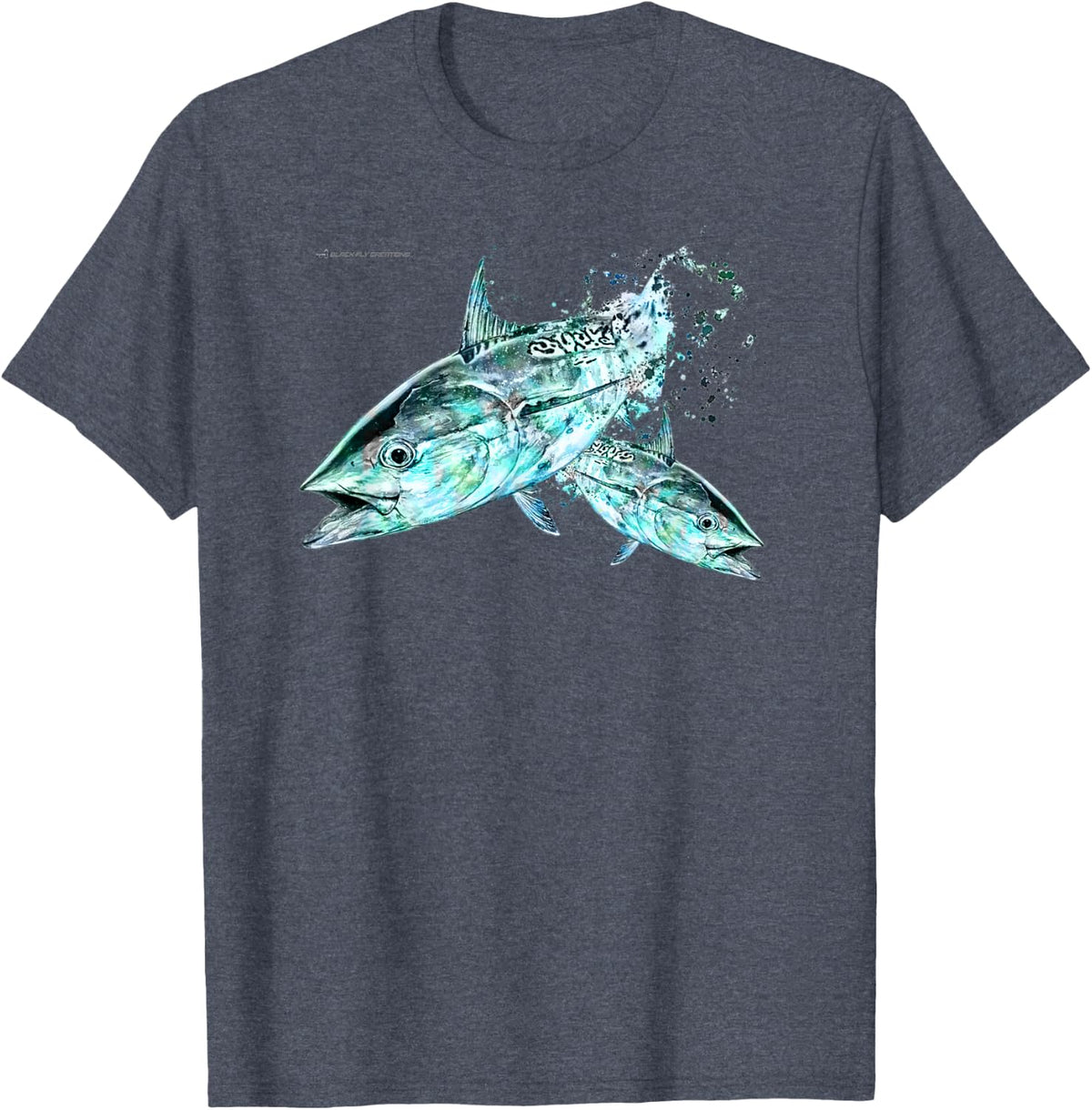 Black Fly Saltwater Ocean Fishing Bluefin Tuna Albacore Teal T-Shirt - Heather Blue