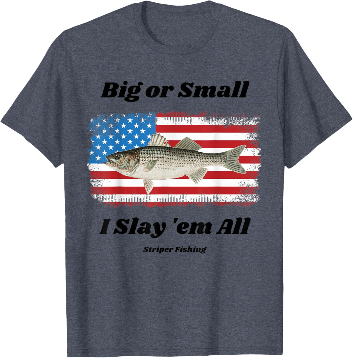 Striped Bass Fish Striper Fishing US Flag Design Fishermans T-Shirt - Heather Blue