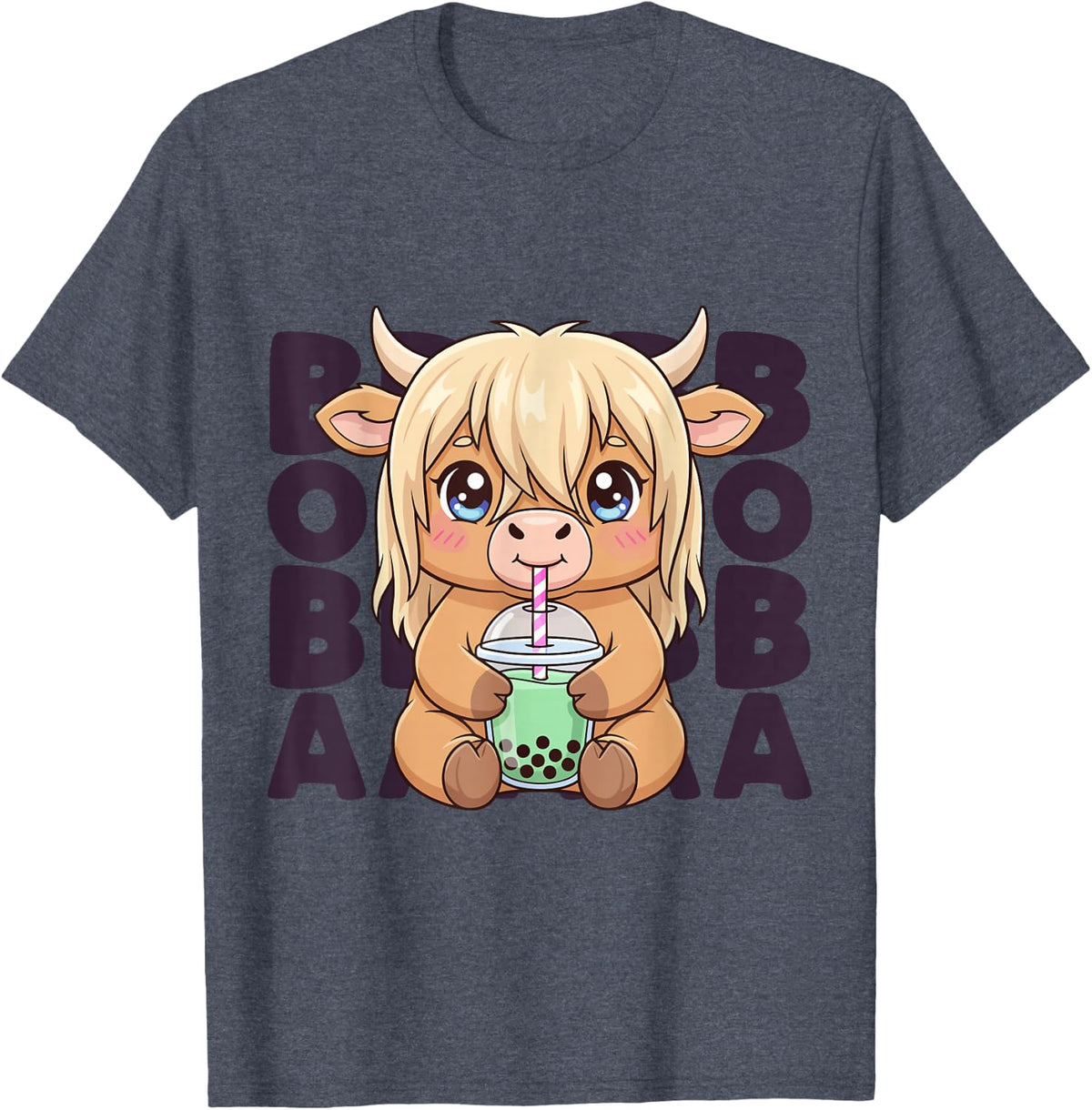 Highland Cow Bubble Tea Funny Kawaii Bubble Milk Boba Tea T-Shirt - Heather Blue