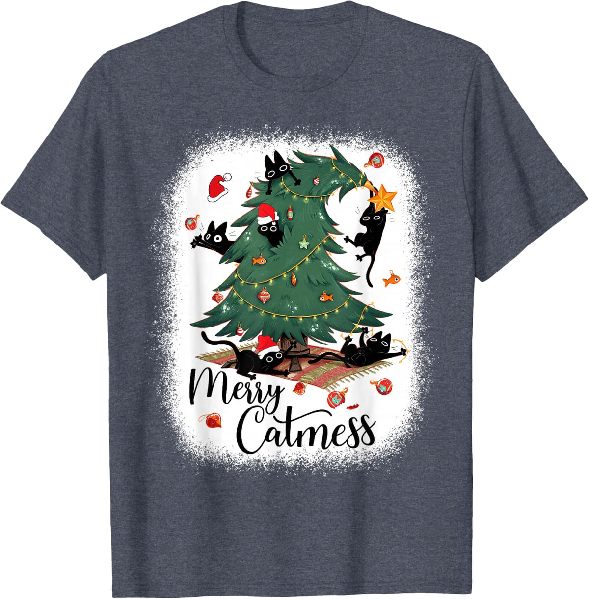 Funny Cats Christmas Tree Merry Catmess Black Cat Kittens T-Shirt - Heather Blue