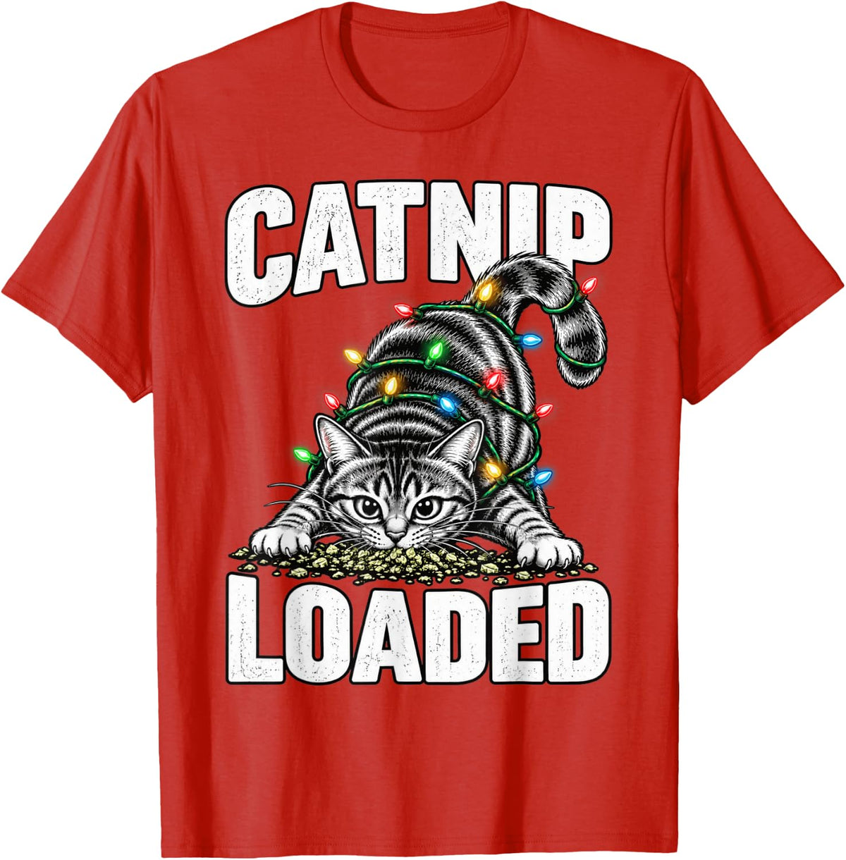 Christmas Catnip Loaded Cat with Holiday Lights Xmas Dog Pet T-Shirt - Red