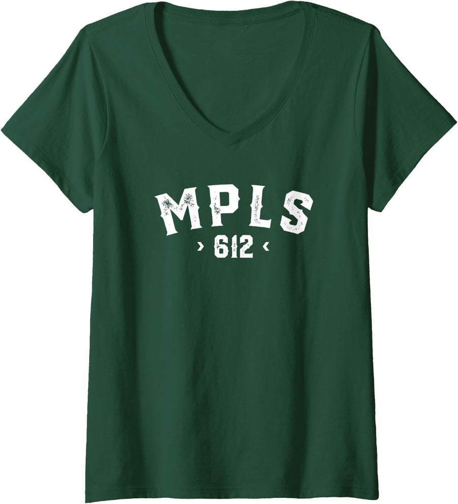 Womens Vintage Minneapolis MPLS 612 Area Code V-Neck T-Shirt - Dark Green