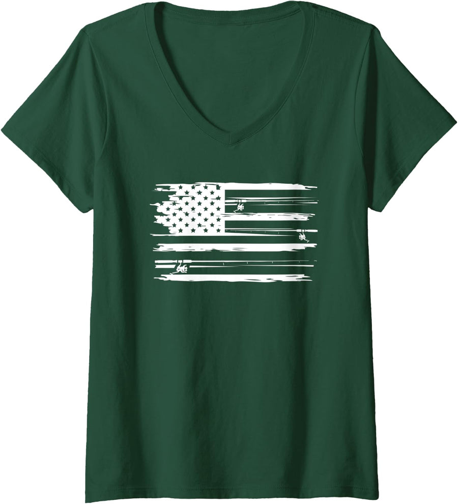 Womens Distressed American Flag Vintage Fishing V-Neck T-Shirt - Dark Green