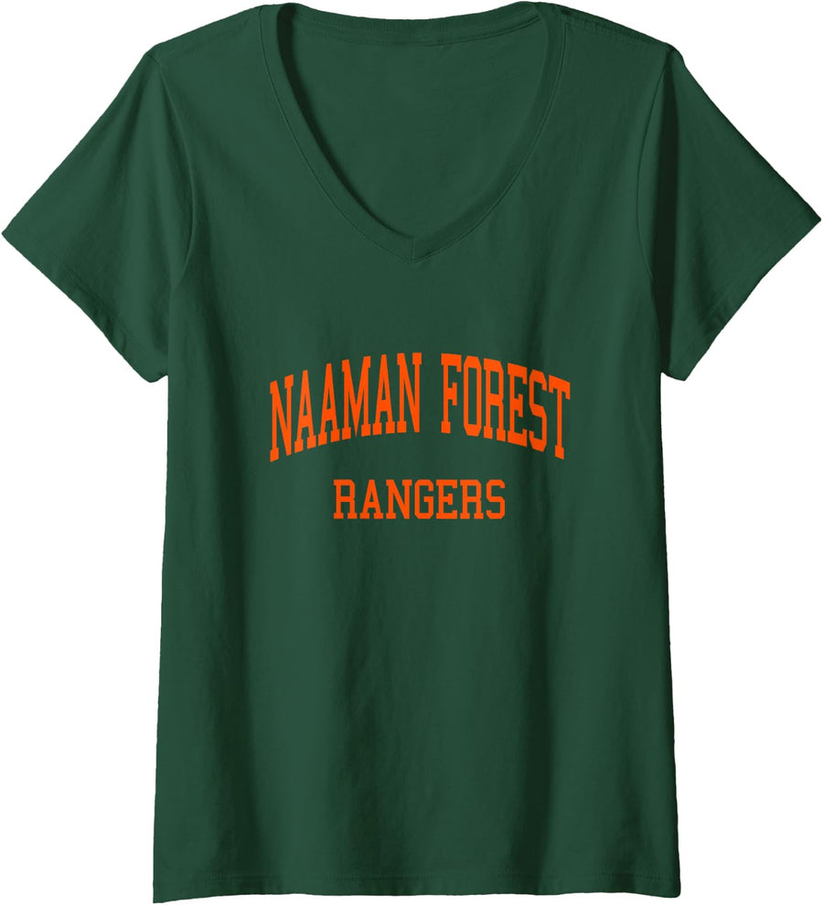 Womens Naaman Forest High School HS Garland TX Retro Sports V-Neck T-Shirt - Dark Green