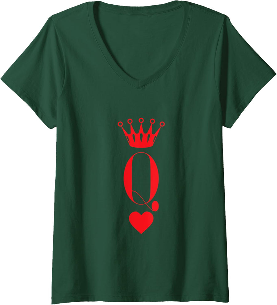Womens Queen of Hearts for Women Heart Matching Outfits Couples V-Neck T-Shirt - Dark Green