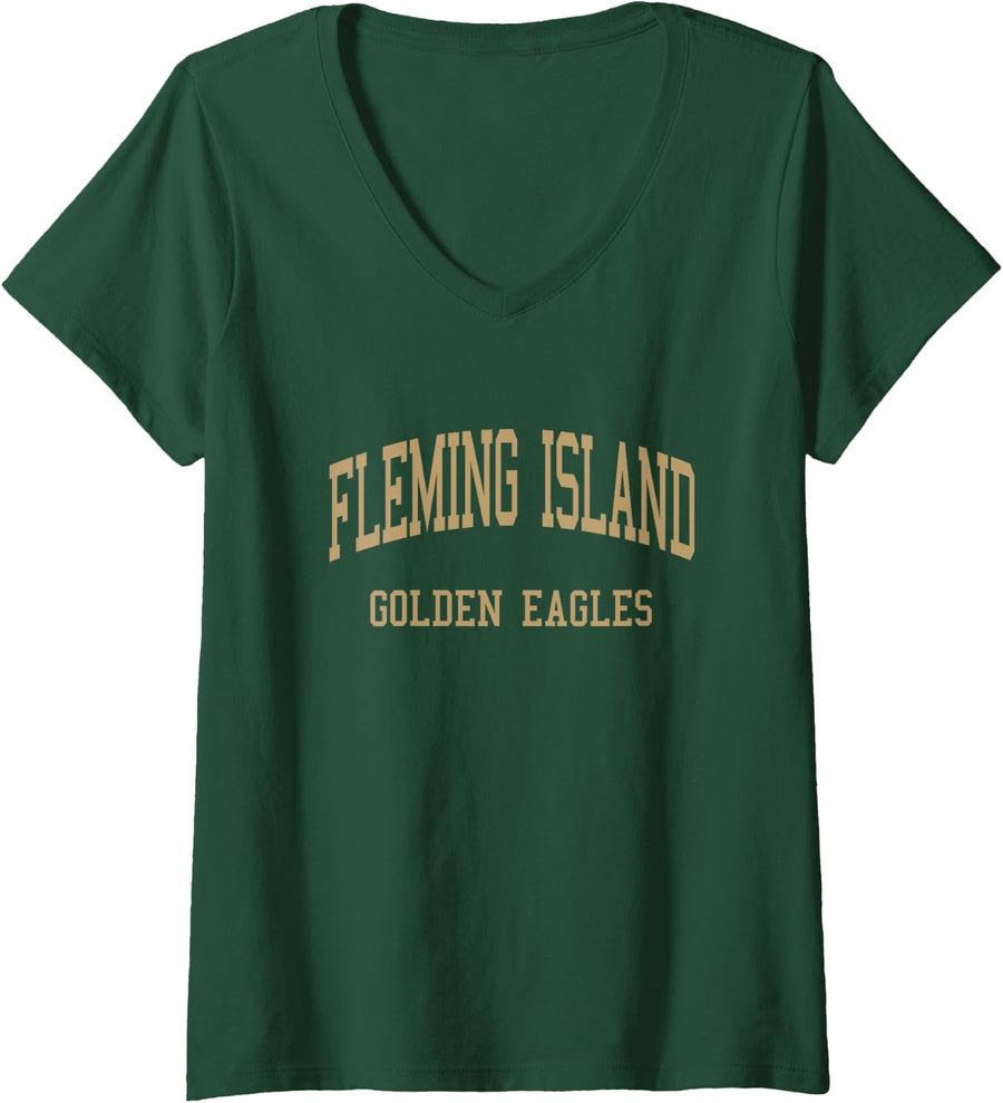 Womens Fleming Island High School HS Orange Park FL Retro Sports V-Neck T-Shirt - Dark Green