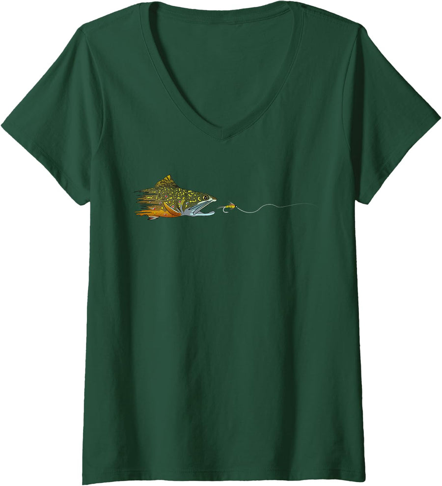 Women's Fly Fishing Brook Trout Dry Flies Tying Fisherman V-Neck T-Shirt - Dark Green