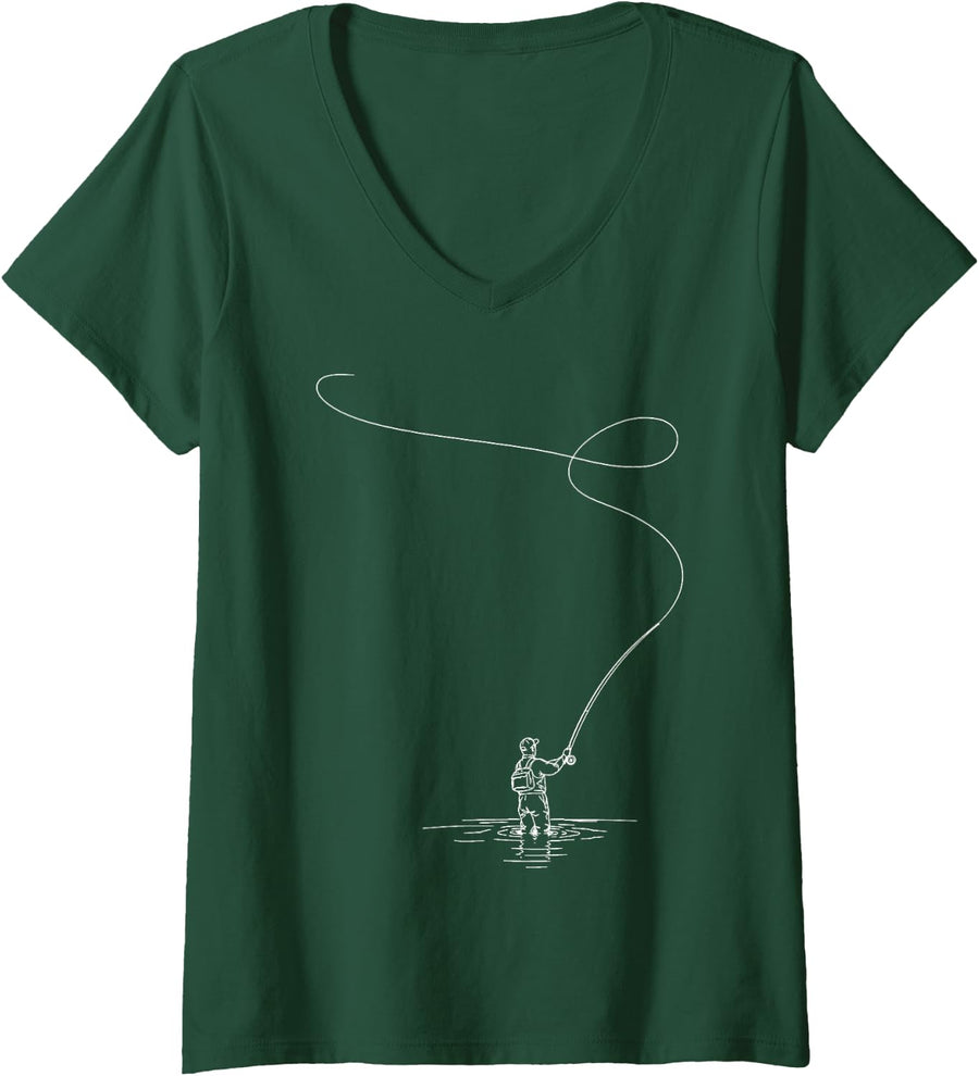 Women's Fly Fishing Fisherman Casting Line Angler Outdoor Fishing V-Neck T-Shirt - Dark Green