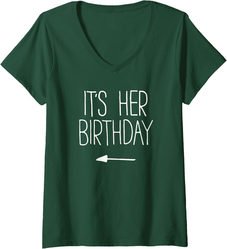 Women's It's Her Birthday Shirt Men Women Kids Boy Girl Crew Squad V-Neck T-Shirt - Dark Green