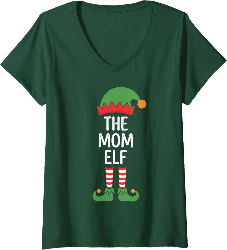 Women's The Mom Elf Funny Matching Family Christmas for Mothers V-Neck T-Shirt - Dark Green
