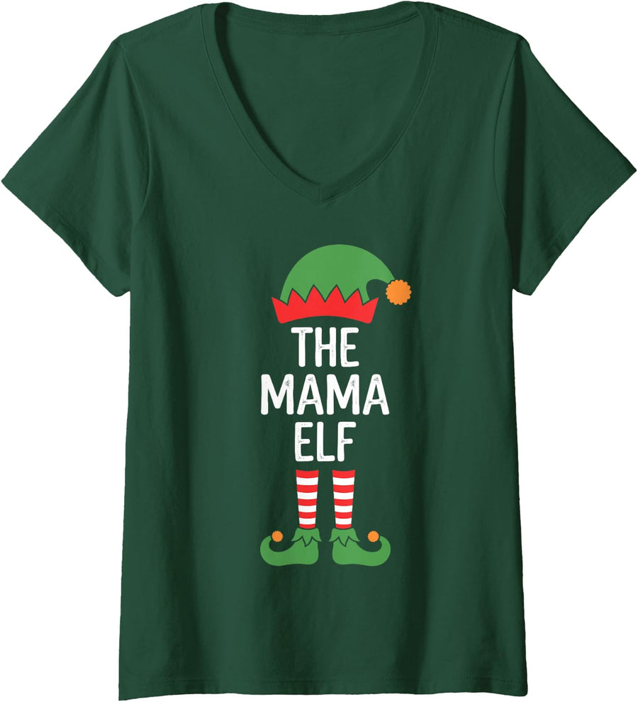 Women's The Mama Elf Funny Matching Family Christmas for Moms V-Neck T-Shirt - Dark Green