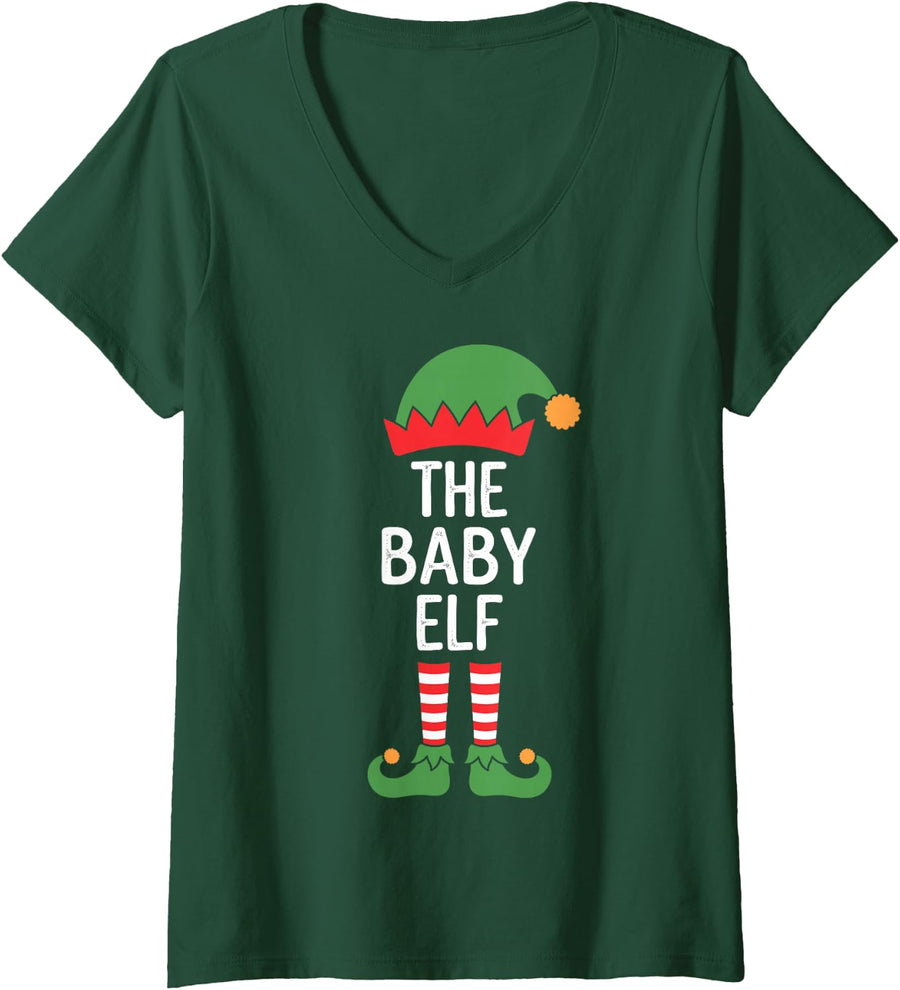 Women's The Baby Elf Cute First Christmas Matching Family Pajama V-Neck T-Shirt - Dark Green