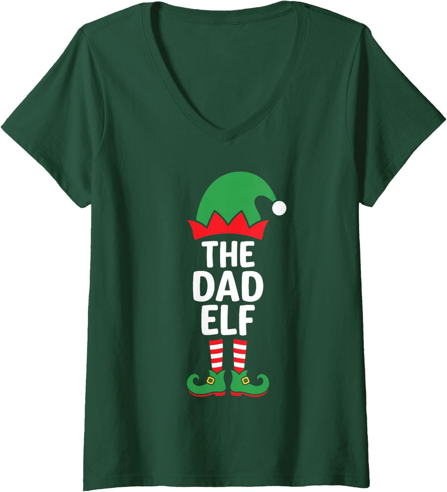 Women's The Dad Elf Funny Christmas Eve Matching Family Team V-Neck T-Shirt - Dark Green