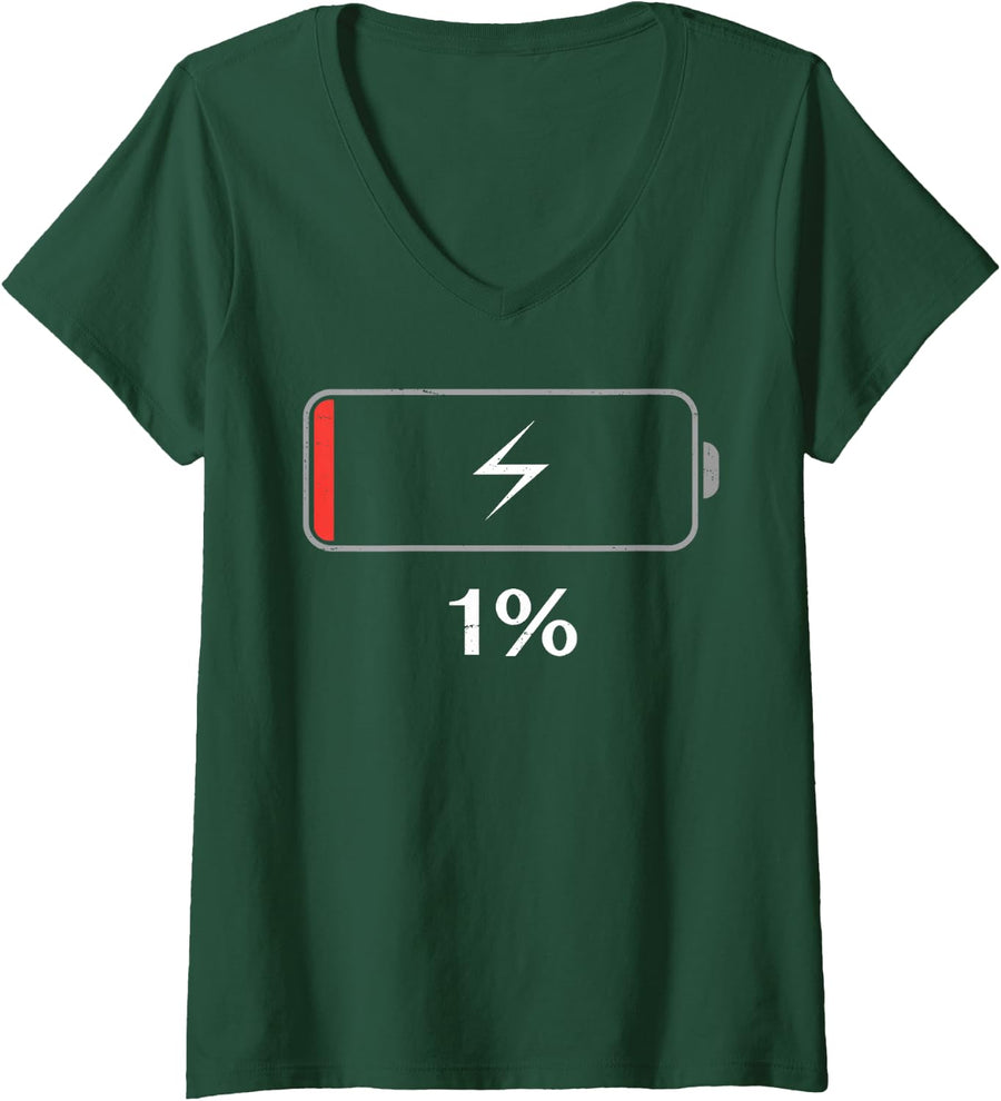 Women's Funny Battery Low 1 Percent Remaining Coffee Lover V-Neck T-Shirt - Dark Green