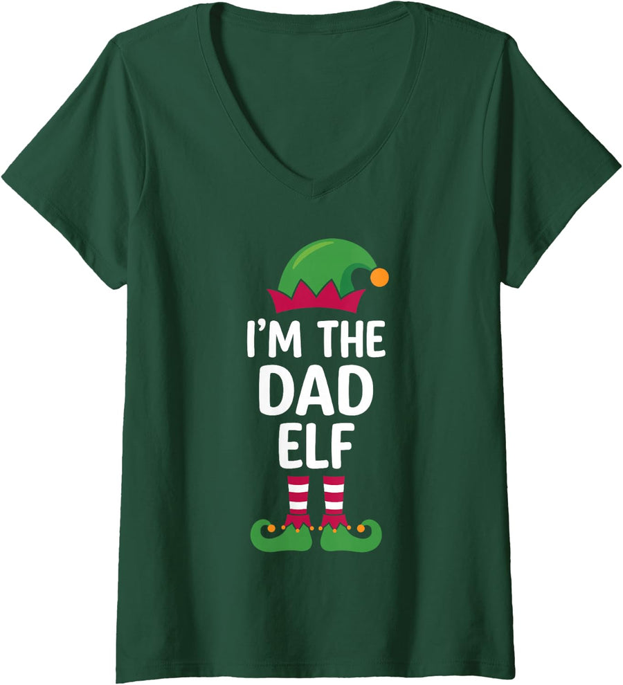 Women's I'm the Dad Elf Funny Matching Family Christmas for Fathers V-Neck T-Shirt - Dark Green