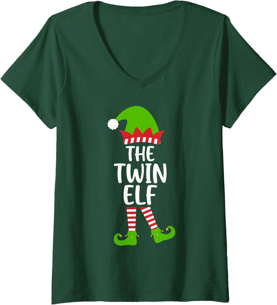 Women's I'm the Twin Elf Funny Xmas Party Family Group Matching V-Neck T-Shirt - Dark Green
