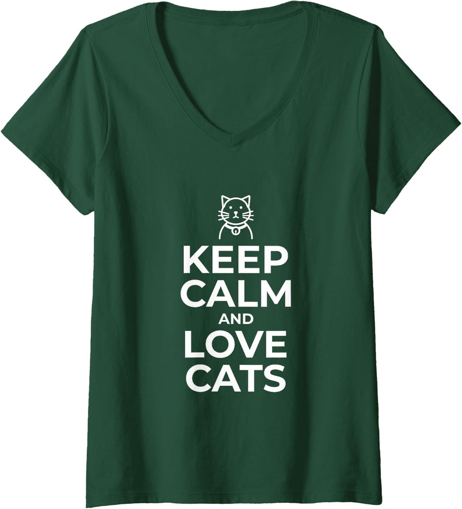 Women's Keep Calm and Love Cats Cat Shirt for Cat Lovers Cat People V-Neck T-Shirt - Dark Green