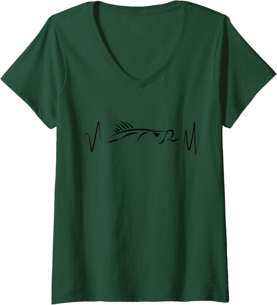 Women's Snook Heartbeat Design for Saltwater Fishing Enthusiasts V-Neck T-Shirt - Dark Green