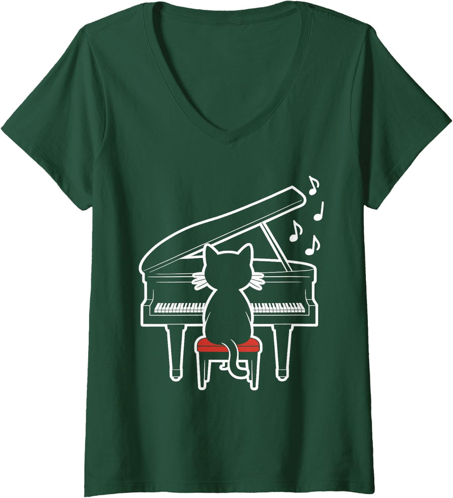 Womens Piano Cat Music Lover Pianist Teacher Composer Musician V-Neck T-Shirt - Dark Green