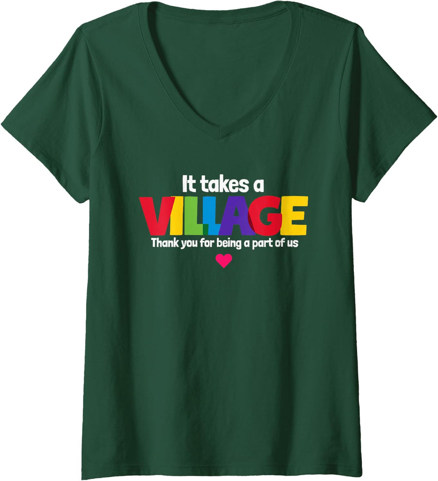 Women's Pre K, It Takes A Village Thank You for Being A Part of Us V-Neck T-Shirt - Dark Green