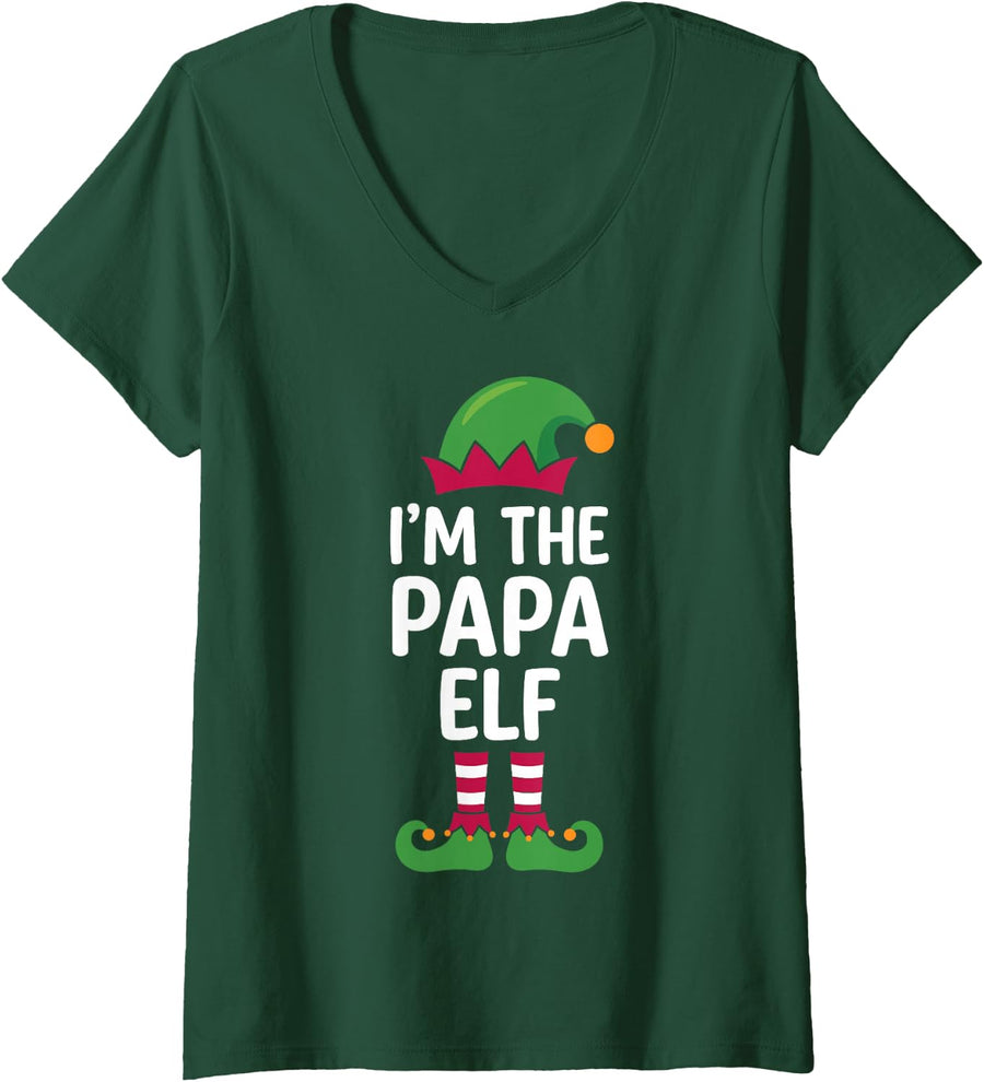 Women's I'm the Papa Elf Funny Matching Family Christmas for Dads V-Neck T-Shirt - Dark Green