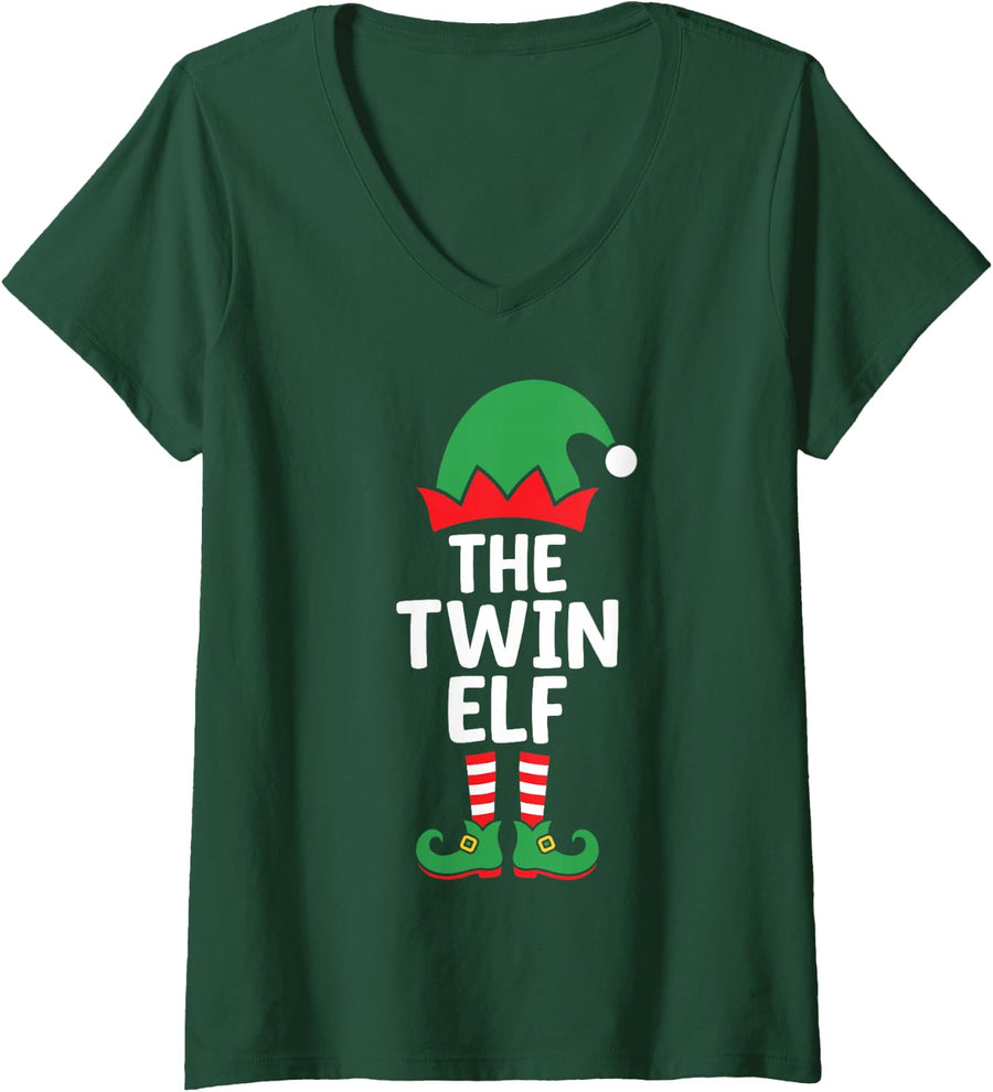 Women's The Twin Elf Funny Christmas Eve Matching Family Team V-Neck T-Shirt - Dark Green
