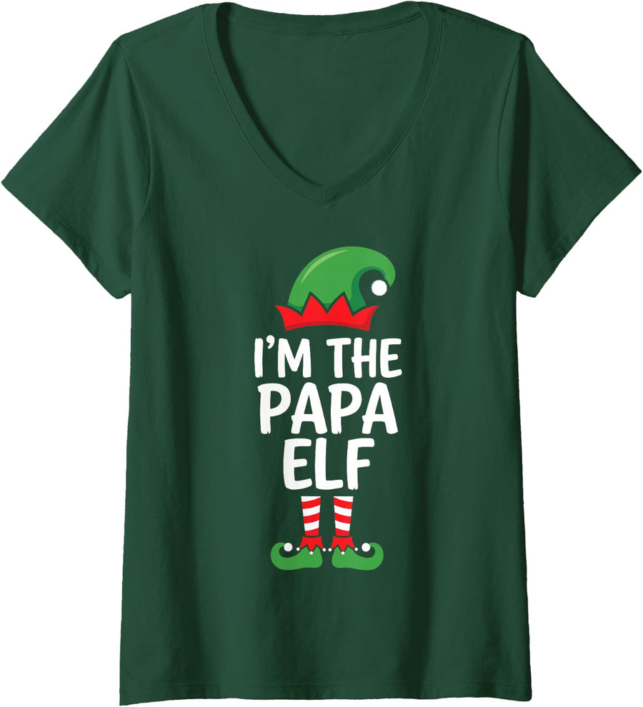 Women's I'm the Papa Elf Ugly Christmas Funny Matching Family Group V-Neck T-Shirt - Dark Green