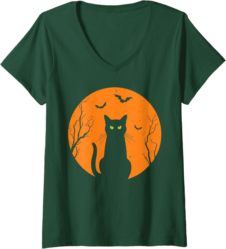 Women's Scary Cat Costume Vintage Cat Full Moon Black Cat Silhouette V-Neck T-Shirt - Dark Green