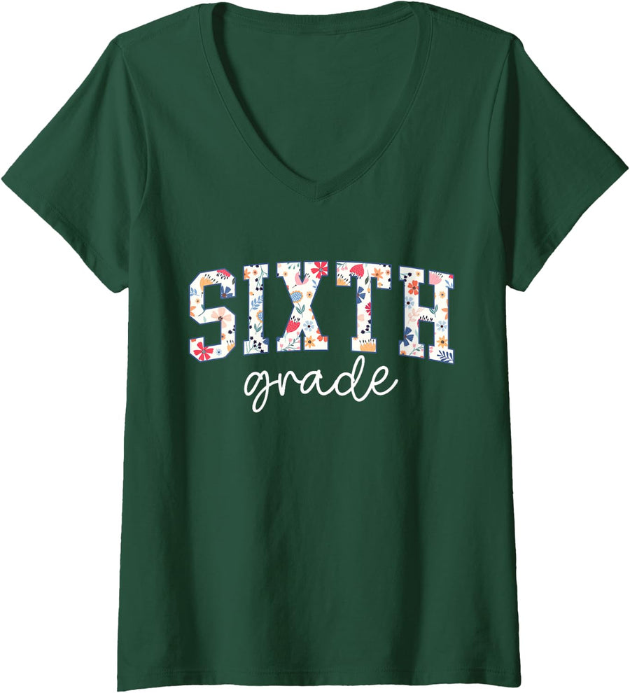 Women's Sixth Grade Teacher Wildflower Back to School Floral Outfits V-Neck T-Shirt - Dark Green