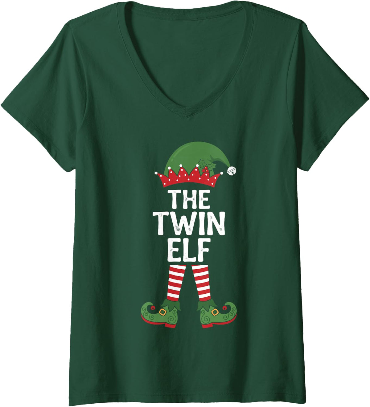 Women's The Twin Elf Funny Xmas Party Family Group Matching V-Neck T-Shirt - Dark Green