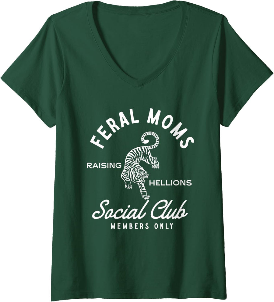 Women's Feral Moms Raising Hellions Social Club Happy Mother's Day V-Neck T-Shirt - Dark Green