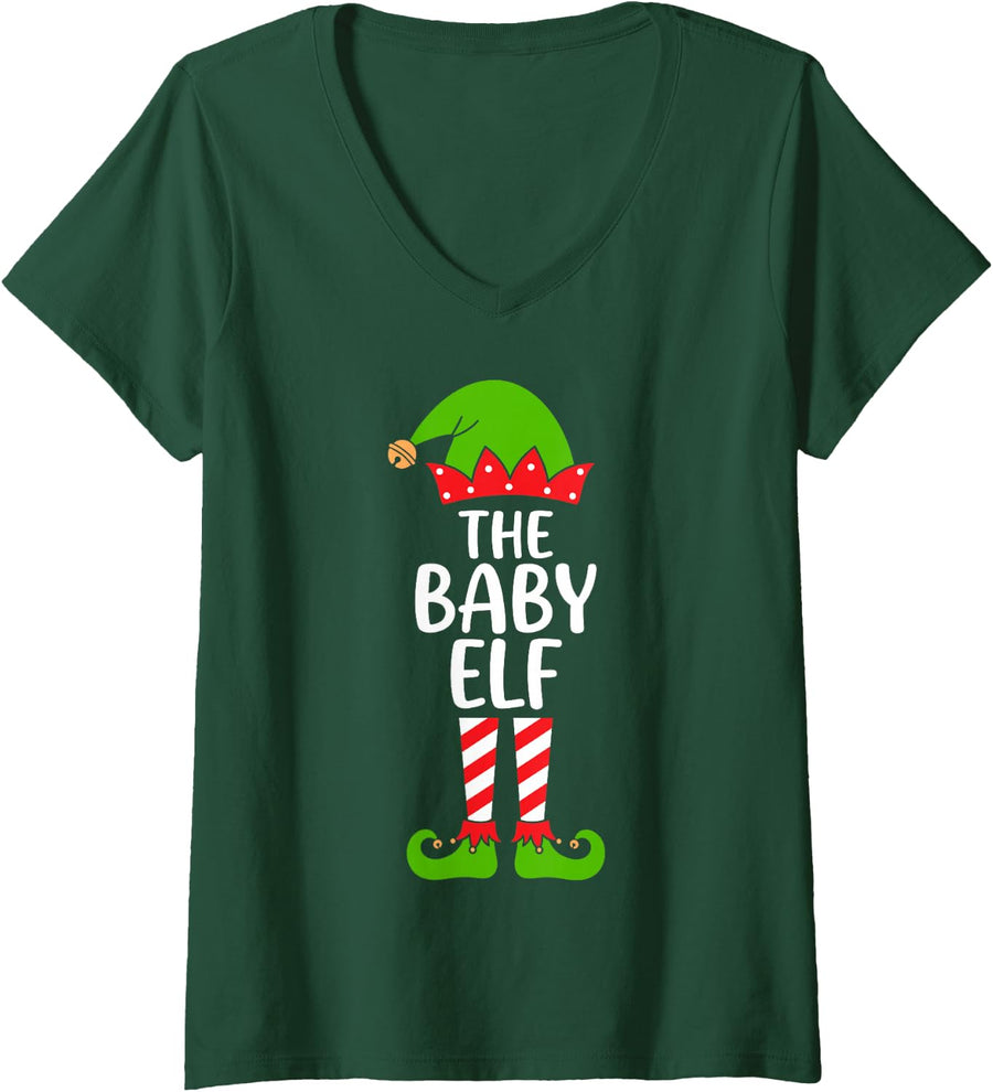 Women's The Baby Elf Christmas Costume Funny Matching Family V-Neck T-Shirt - Dark Green