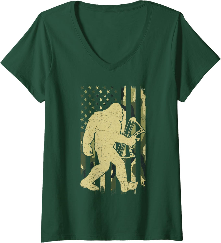 Women's Camo Sasquatch Bigfoot Bow Hunter Deer Hunting Flag US V-Neck T-Shirt - Dark Green