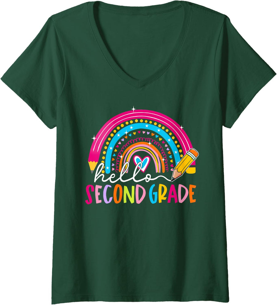 Women's Back to School Hello 2nd Second Grade Rainbow Pencil Kid V-Neck T-Shirt - Dark Green