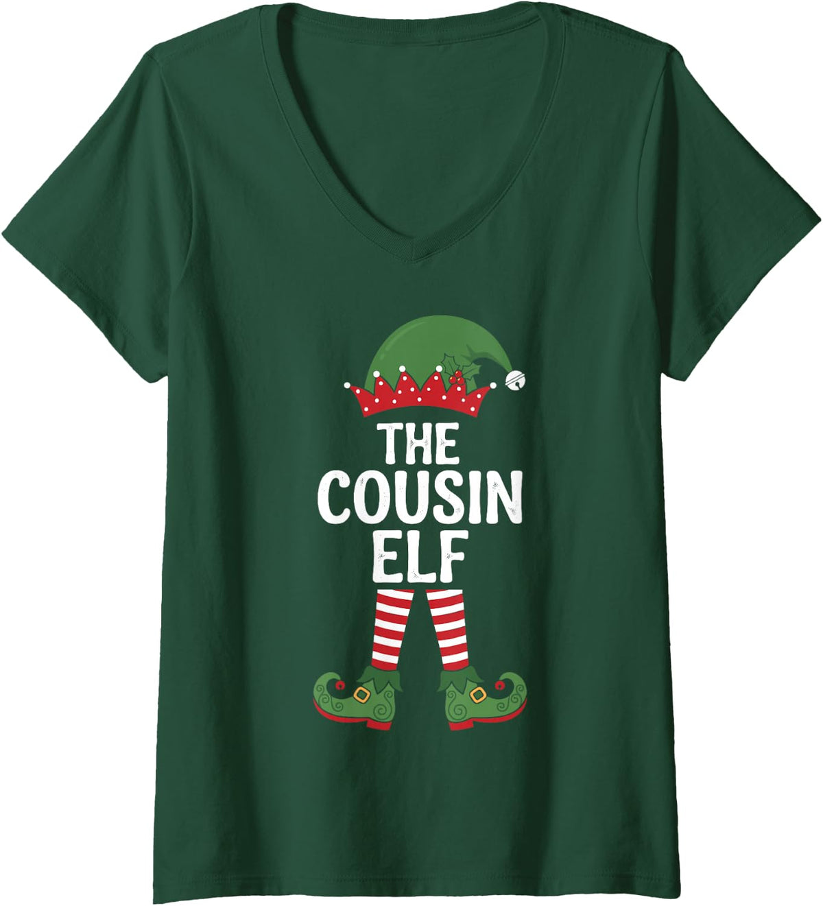 Women's The Cousin Elf Holiday Xmas Party Matching Family Group V-Neck T-Shirt - Dark Green