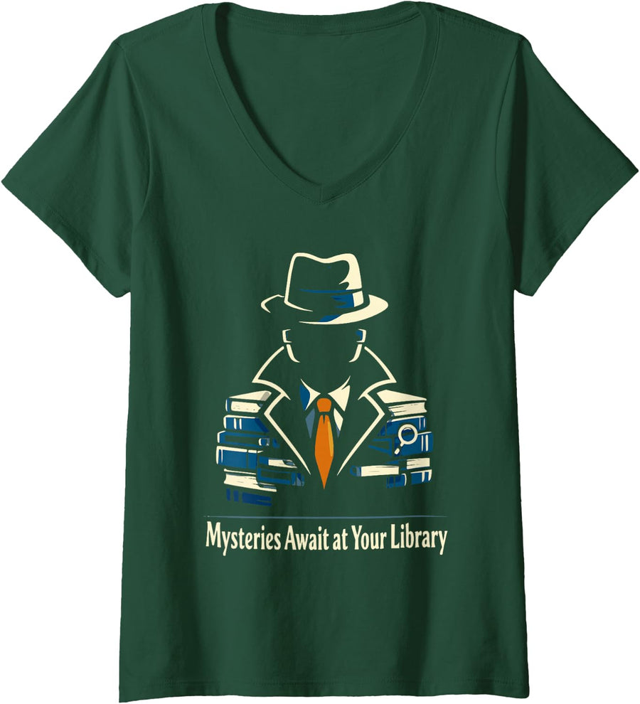 Women's Mysteries Await at Your Library Modern Detective Summer Read V-Neck T-Shirt - Dark Green