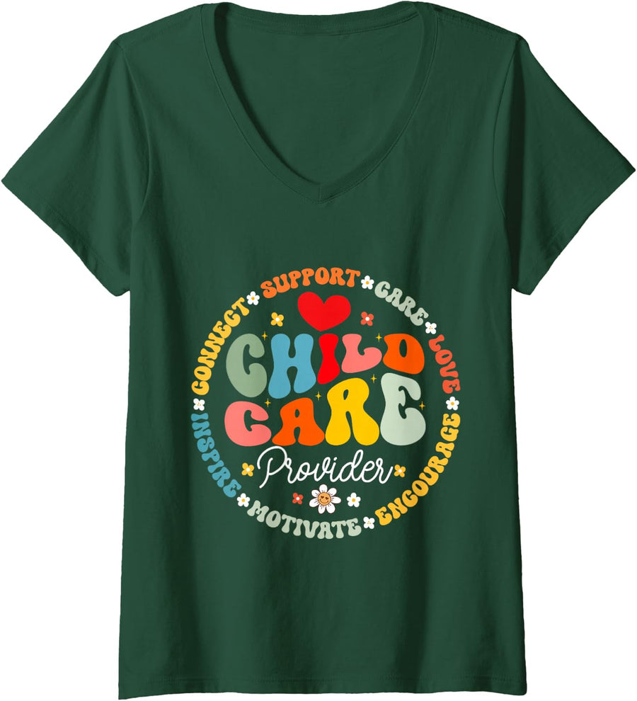 Women's Childcare Provider Daycare Crew School Provider Teacher V-Neck T-Shirt - Dark Green