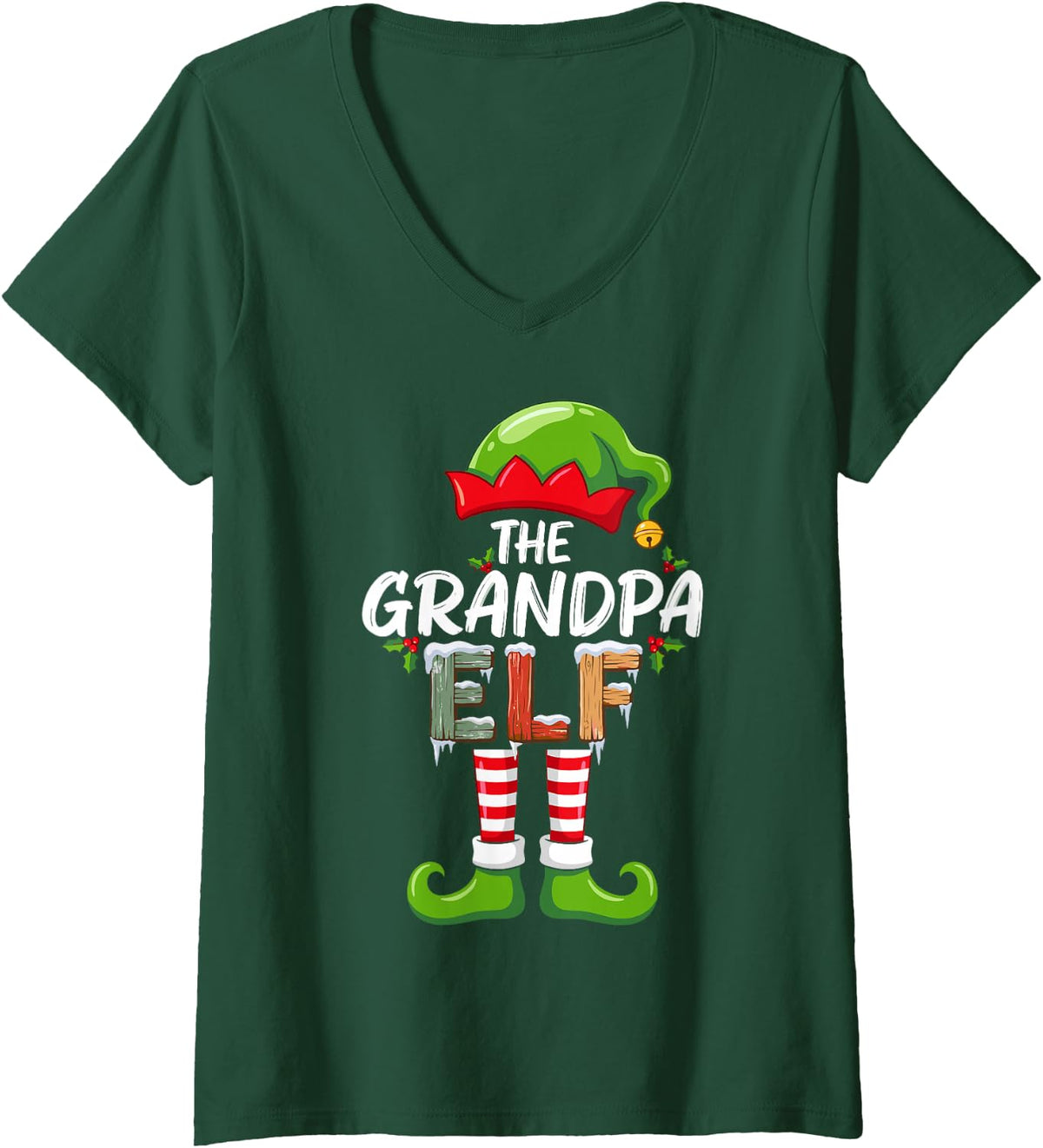 Women's The Grandpa Elf Christmas Morning Matching Family Crew V-Neck T-Shirt - Dark Green