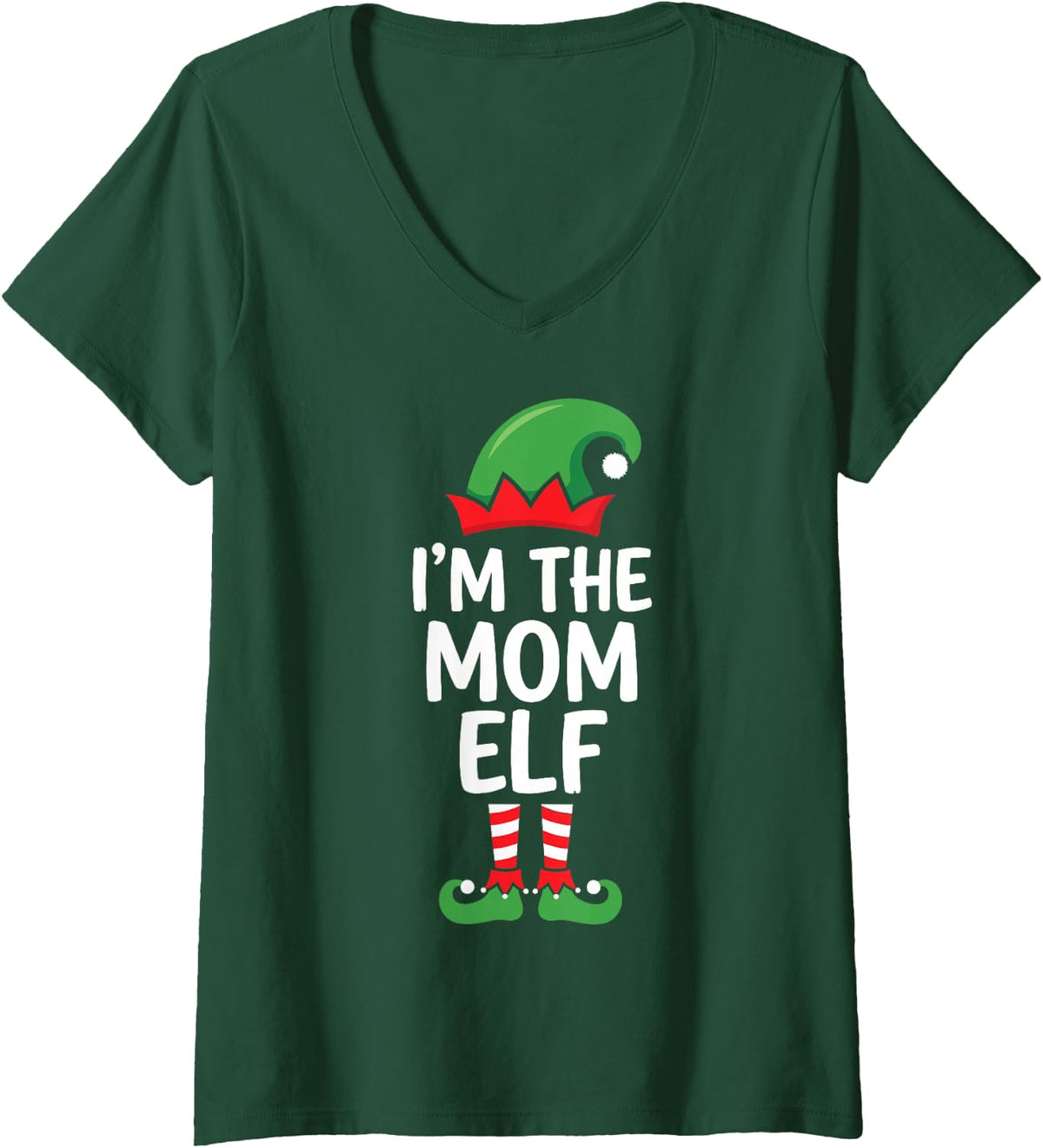 Women's I'm the Mom Elf Ugly Christmas Party Funny Family Matching V-Neck T-Shirt - Dark Green