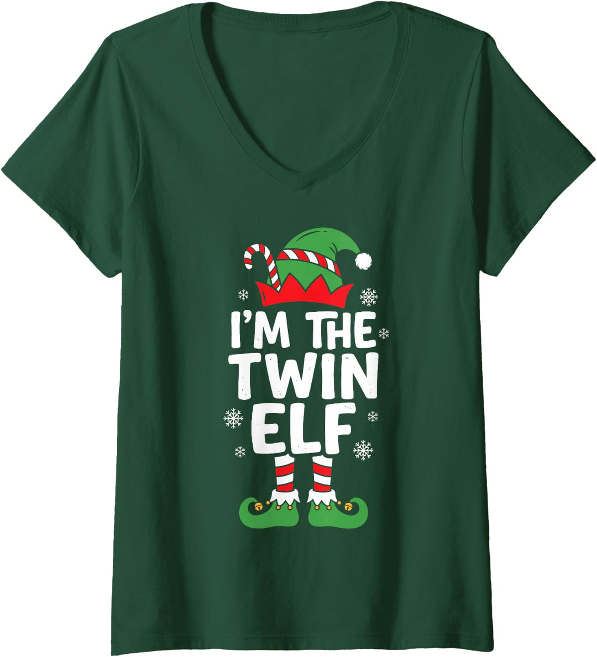 Women's I'm the Twin Elf Cute Christmas Pajama Party Family Group V-Neck T-Shirt - Dark Green
