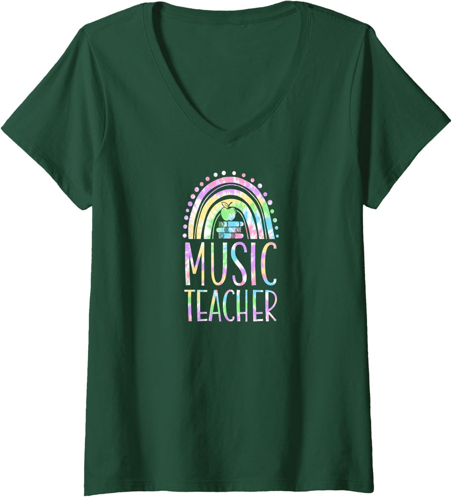 Women's Music Teacher Bohemian Rainbow Wholesome Aesthetic V-Neck T-Shirt - Dark Green